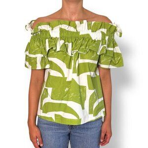 MeimeiJ Abstract Green White Print Top Off Shoulder Ruffle Cotton Sz XS (Ital 38